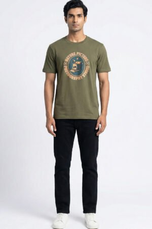 Olive Green Vintage Graphic T-Shirt - Classic Crew Neck Regular Fit