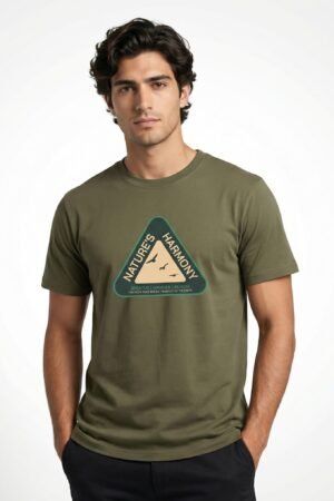 Olive Green Nature's Harmony Graphic T-Shirt - Classic Crew Neck Regular Fit