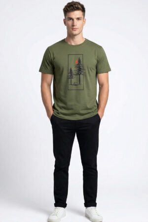 Olive Green Forest Escape Graphic T-Shirt - Classic Crew Neck Regular Fit